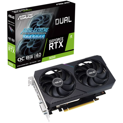 ASUS Video Card NVidia Dual GeForce RTX 3050 V2 OC Edition 8GB GDDR6 VGA with two powerful Axial-tech fans and a 2-slot design for broad compatibility, PCIe 4.0, 1xDVI-D, 1xHDMI 2.1, 1xDisplayPort 1.4a