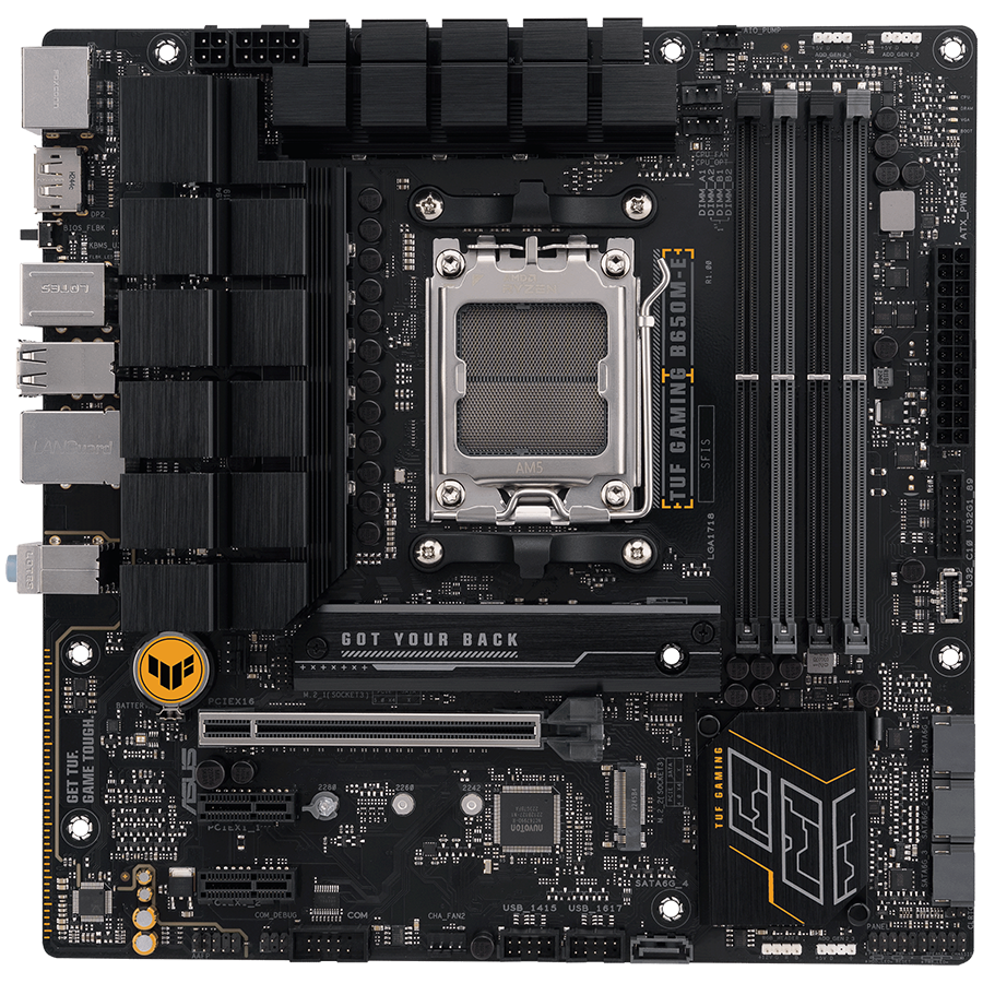 ASUS TUF GAMING B650M-E AM5 mATX gaming MB - AMD B650 4xDIMM DDR5 2xM.2 4xSATA PCIe 5.0 2.5Gb Ethernet 2xDisplayPort 1xHDMI with Aura Sync support