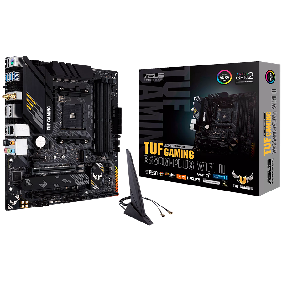 ASUS TUF GAMING B550M-PLUS WIFI II AM4 mATX gaming MB - AMD B550 4xDIMM DDR4 2xM.2 4xSATA PCIe 4.0 2.5Gb Ethernet WiFi 6 + Bluetooth 1xDisplayPort 1xHDMI with Aura Sync RGB lighting support