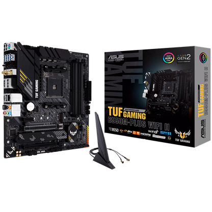 ASUS TUF GAMING B550M-PLUS WIFI II AM4 mATX gaming MB - AMD B550 4xDIMM DDR4 2xM.2 4xSATA PCIe 4.0 2.5Gb Ethernet WiFi 6 + Bluetooth 1xDisplayPort 1xHDMI with Aura Sync RGB lighting support
