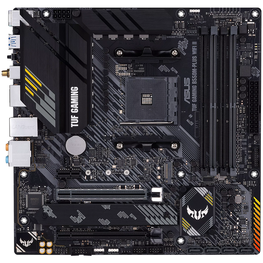 ASUS TUF GAMING B550M-PLUS WIFI II AM4 mATX gaming MB - AMD B550 4xDIMM DDR4 2xM.2 4xSATA PCIe 4.0 2.5Gb Ethernet WiFi 6 + Bluetooth 1xDisplayPort 1xHDMI with Aura Sync RGB lighting support