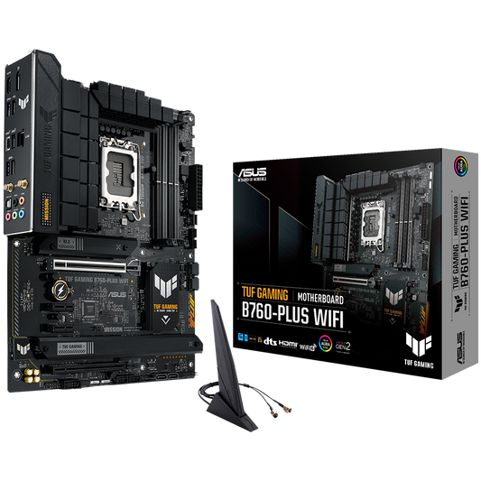 ASUS TUF GAMING B760-PLUS WIFI LGA1700 ATX gaming MB - Intel B760 4xDIMM DDR5 3xM.2 4xSATA PCIe 5.0 2.5Gb Ethernet WiFi 6 + Bluetooth 1xDisplayPort 1xHDMI with Aura Sync support