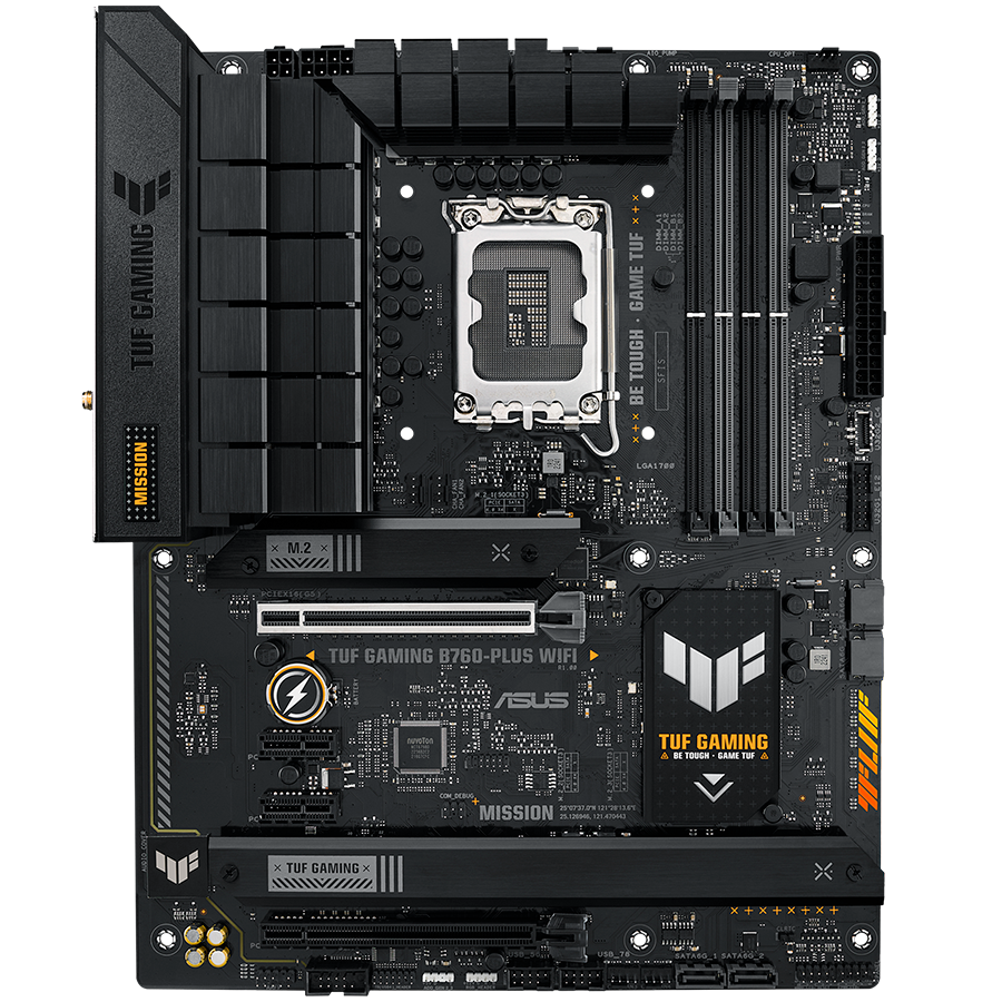 ASUS TUF GAMING B760-PLUS WIFI LGA1700 ATX gaming MB - Intel B760 4xDIMM DDR5 3xM.2 4xSATA PCIe 5.0 2.5Gb Ethernet WiFi 6 + Bluetooth 1xDisplayPort 1xHDMI with Aura Sync support