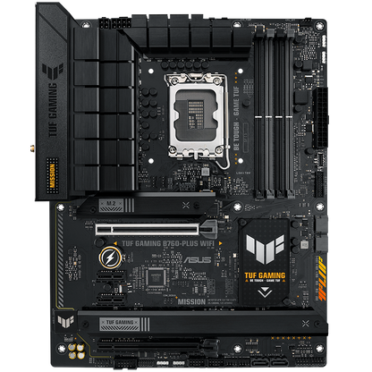 ASUS TUF GAMING B760-PLUS WIFI LGA1700 ATX gaming MB - Intel B760 4xDIMM DDR5 3xM.2 4xSATA PCIe 5.0 2.5Gb Ethernet WiFi 6 + Bluetooth 1xDisplayPort 1xHDMI with Aura Sync support