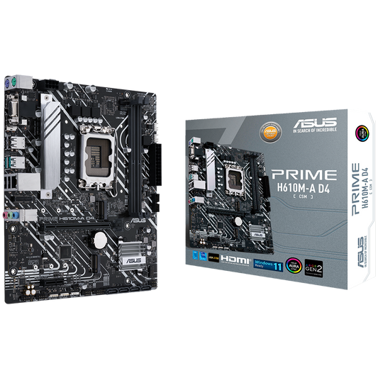 ASUS PRIME H610M-A D4-CSM LGA1700 mATX MB - Intel H610 2xDIMM DDR4 2xM.2 4xSATA PCIe 4.0 1Gb Ethernet 1xD-SUB 1xDisplayPort 1xHDMI with Addressable Gen 2 headers and Aura Sync