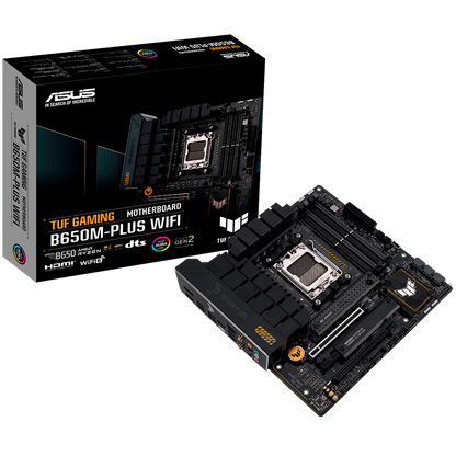 ASUS TUF GAMING B650M-PLUS WIFI AM5 mATX gaming MB - AMD B650 4xDIMM DDR5 2xM.2 4xSATA PCIe 4.0 2.5Gb Ethernet WiFi 6 + Bluetooth 1xDisplayPort 1xHDMI with Aura Sync support