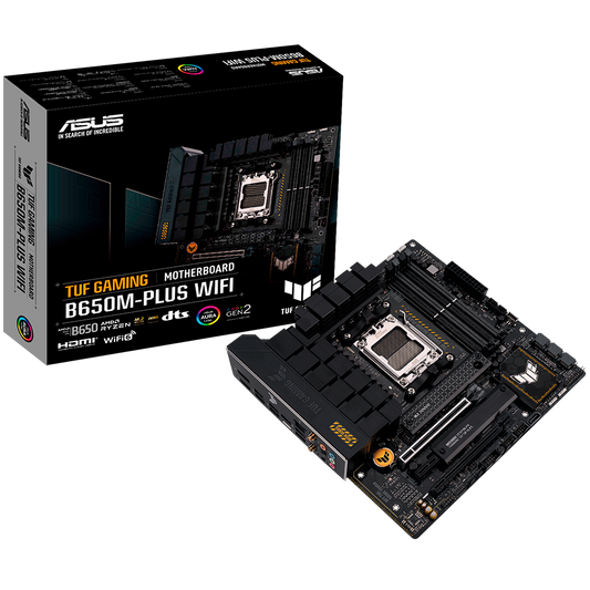 ASUS TUF GAMING B650M-PLUS WIFI AM5 mATX gaming MB - AMD B650 4xDIMM DDR5 2xM.2 4xSATA PCIe 4.0 2.5Gb Ethernet WiFi 6 + Bluetooth 1xDisplayPort 1xHDMI with Aura Sync support