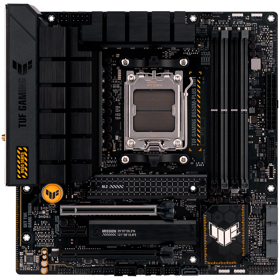 ASUS TUF GAMING B650M-PLUS WIFI AM5 mATX gaming MB - AMD B650 4xDIMM DDR5 2xM.2 4xSATA PCIe 4.0 2.5Gb Ethernet WiFi 6 + Bluetooth 1xDisplayPort 1xHDMI with Aura Sync support
