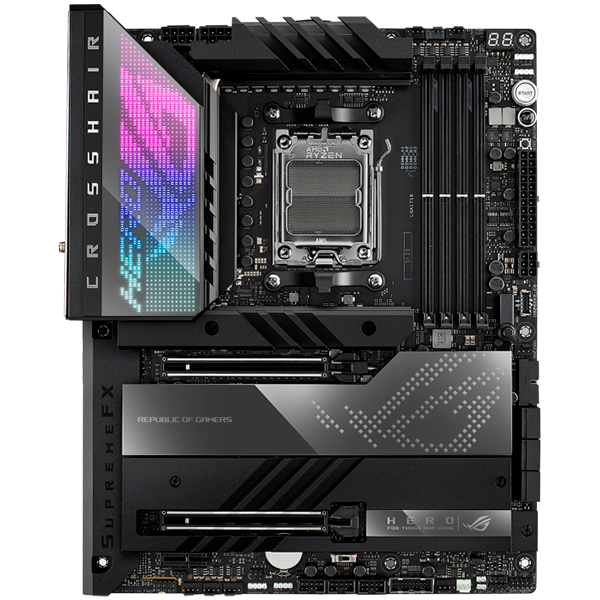 ASUS ROG CROSSHAIR X670E HERO AM5 ATX gaming MB - AMD X670 4xDIMM DDR5 5xM.2 6xSATA PCIe 5.0 2.5Gb Ethernet WiFi 6E + Bluetooth 1xHDMI 2x USB4 ports (USB Type-C) with Aura Sync support