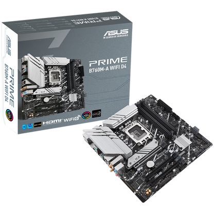 ASUS PRIME B760M-A WIFI D4 LGA1700 mATX MB - Intel B760 4xDIMM DDR4 2xM.2 4xSATA PCIe 4.0 2.5Gb Ethernet WiFi 6 + Bluetooth 1xDisplayPort 2xHDMI with Aura Sync support