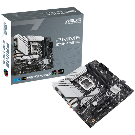 ASUS PRIME B760M-A WIFI D4 LGA1700 mATX MB - Intel B760 4xDIMM DDR4 2xM.2 4xSATA PCIe 4.0 2.5Gb Ethernet WiFi 6 + Bluetooth 1xDisplayPort 2xHDMI with Aura Sync support