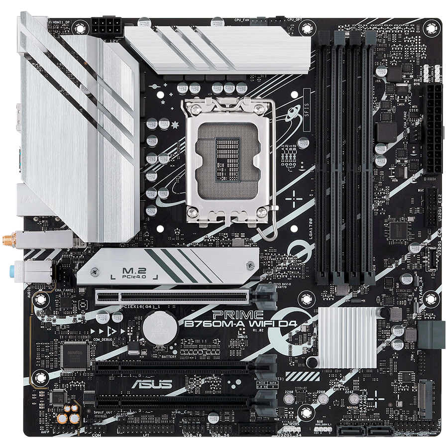 ASUS PRIME B760M-A WIFI D4 LGA1700 mATX MB - Intel B760 4xDIMM DDR4 2xM.2 4xSATA PCIe 4.0 2.5Gb Ethernet WiFi 6 + Bluetooth 1xDisplayPort 2xHDMI with Aura Sync support