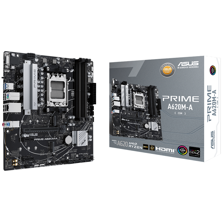 ASUS PRIME A620M-A-CSM AM5 mATX MB - AMD A620 4xDIMM DDR5 2xM.2 4xSATA PCIe 4.0 1Gb Ethernet 1xD-SUB 1xDisplayPort 1xHDMI Aura Sync RGB Lighting