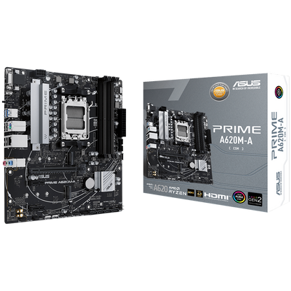 ASUS PRIME A620M-A-CSM AM5 mATX MB - AMD A620 4xDIMM DDR5 2xM.2 4xSATA PCIe 4.0 1Gb Ethernet 1xD-SUB 1xDisplayPort 1xHDMI Aura Sync RGB Lighting