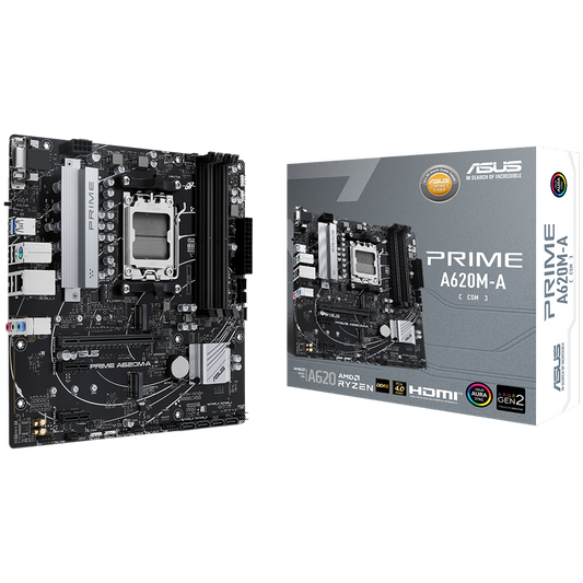 ASUS PRIME A620M-A-CSM AM5 mATX MB - AMD A620 4xDIMM DDR5 2xM.2 4xSATA PCIe 4.0 1Gb Ethernet 1xD-SUB 1xDisplayPort 1xHDMI Aura Sync RGB Lighting