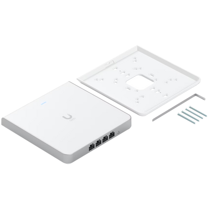 UBIQUITI U6 Enterprise In-Wall, 10 spatial streams, 115 m² (1,250 ft²) coverage, 600+ connected devices, Powered using PoE+/PoE++, (4) GbE ports with (1) PoE output, 2.5 GbE uplink.