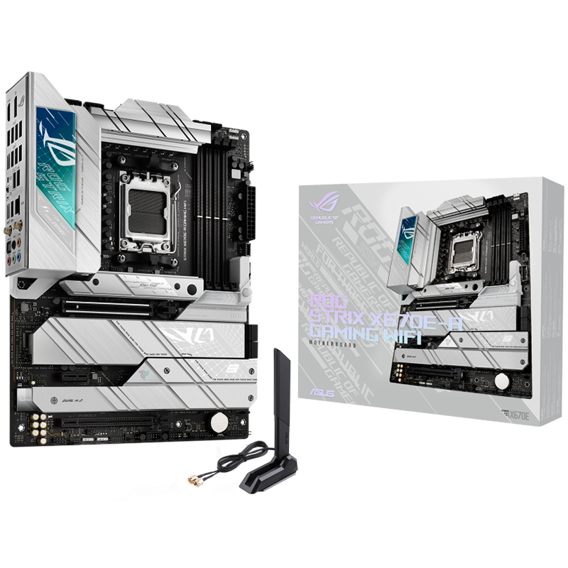 ASUS ROG STRIX X670E-A GAMING WIFI AM5 ATX gaming MB - AMD X670 4xDIMM DDR5 4xM.2 4xSATA PCIe 5.0 2.5Gb Ethernet WiFi 6E + Bluetooth 1xDisplayPort 1x HDMI with Aura Sync support