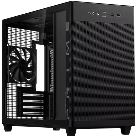 ASUS Prime AP201 Tempered Glass MicroATX Case Black - stylish 33-liter MicroATX case with tool-free side panels, with support for 360 mm coolers, graphics cards up to 338 mm long, and standard ATX PSUs