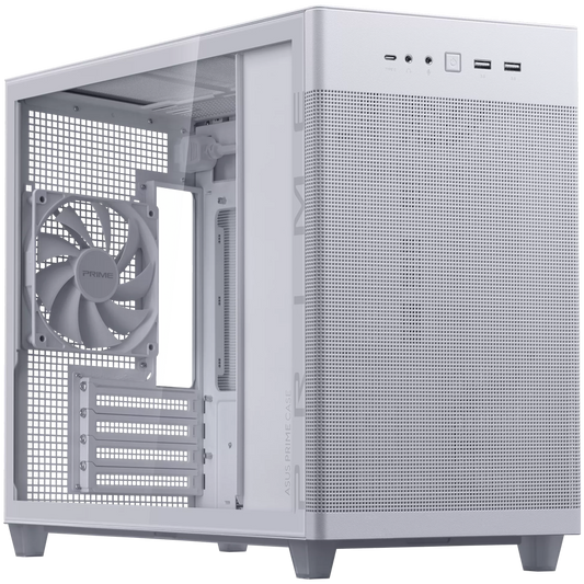 ASUS Prime AP201 Tempered Glass MicroATX Case White - stylish 33-liter MicroATX case with tool-free side panels, with support for 360 mm coolers, graphics cards up to 338 mm long, and standard ATX PSUs