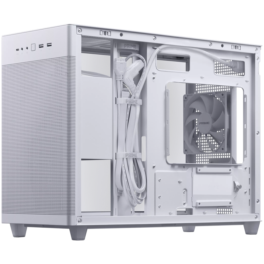 ASUS Prime AP201 Tempered Glass MicroATX Case White - stylish 33-liter MicroATX case with tool-free side panels, with support for 360 mm coolers, graphics cards up to 338 mm long, and standard ATX PSUs