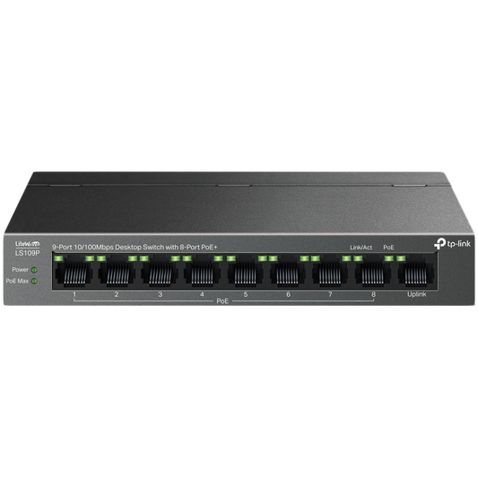 TP-Link LS109P 9-Port 10/100 Mbps Desktop Switch with 8-Port PoE+, 8× 10/100 Mbps PoE+ Ports, 1× 10/100 Mbps Non-PoE Port, 802.3at/af, 63 W PoE Power, Desktop Steel Case, Extend Mode for 250m PoE Transmitting, Isolation Mode, PoE Auto Recovery