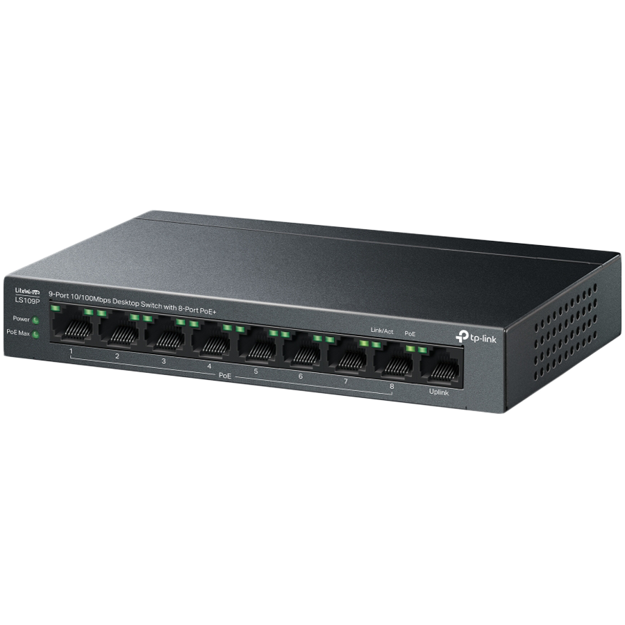 TP-Link LS109P 9-Port 10/100 Mbps Desktop Switch with 8-Port PoE+, 8× 10/100 Mbps PoE+ Ports, 1× 10/100 Mbps Non-PoE Port, 802.3at/af, 63 W PoE Power, Desktop Steel Case, Extend Mode for 250m PoE Transmitting, Isolation Mode, PoE Auto Recovery