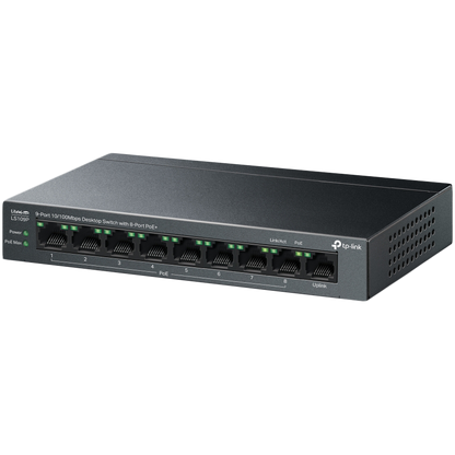 TP-Link LS109P 9-Port 10/100 Mbps Desktop Switch with 8-Port PoE+, 8× 10/100 Mbps PoE+ Ports, 1× 10/100 Mbps Non-PoE Port, 802.3at/af, 63 W PoE Power, Desktop Steel Case, Extend Mode for 250m PoE Transmitting, Isolation Mode, PoE Auto Recovery