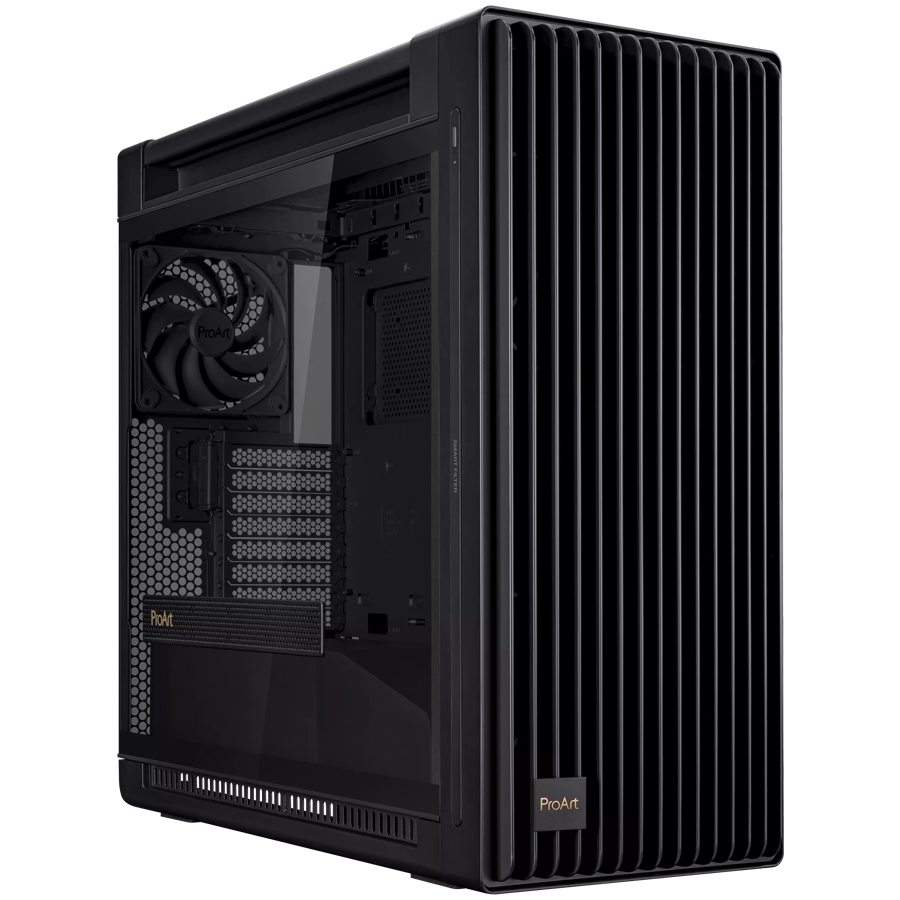 ASUS ProArt PA602 E-ATX Computer case, 420 mm radiator support, one 140 mm and two 200mm pre-installed system fans, front panel IR dust indicator, power lock latch, tool-less PCIe mounting, USB 20Gbps support