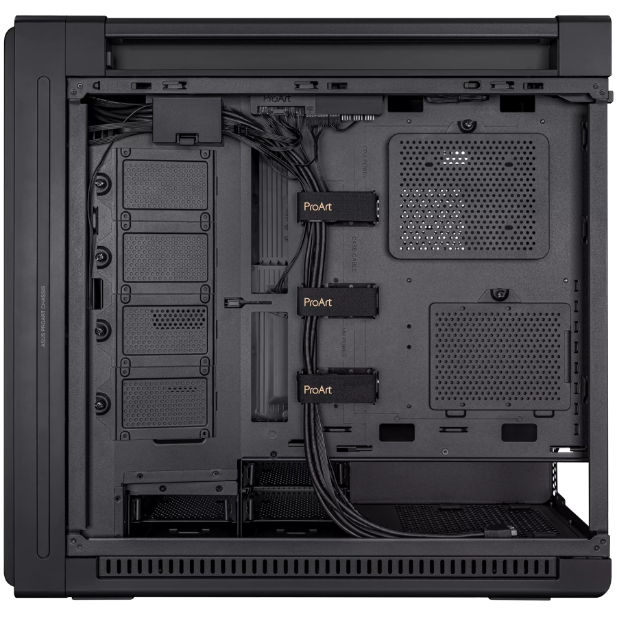 ASUS ProArt PA602 E-ATX Computer case, 420 mm radiator support, one 140 mm and two 200mm pre-installed system fans, front panel IR dust indicator, power lock latch, tool-less PCIe mounting, USB 20Gbps support