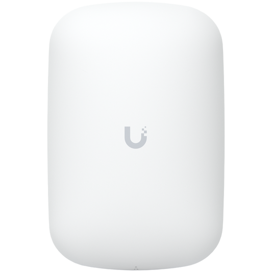 UBIQUITI U6 Extender; WiFi 6; 6 spatial streams; 115 m² (1,250 ft²) coverage; 300+ connected devices; Powered with standard AC wall outlet; Wireless uplink to UniFi WiFi.