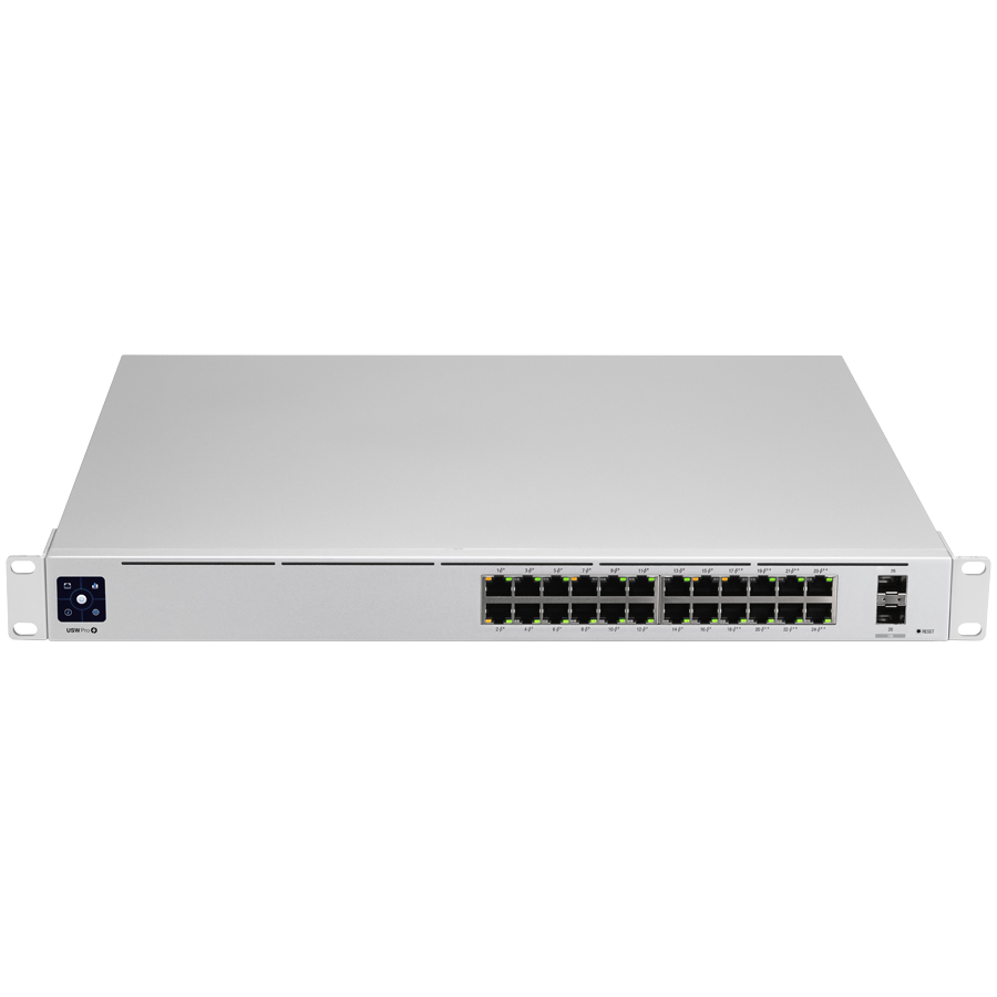 UBIQUITI Pro 24 PoE; (16) GbE PoE+, (8) GbE PoE++ ports; (2) 10G SFP+ ports; 400W total PoE availability; DC power backup-ready; Layer 3 switching; Near-silent cooling.