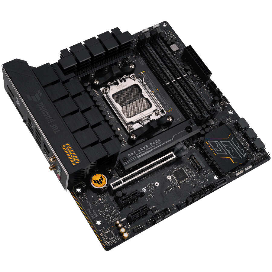 ASUS TUF GAMING B650M-E WIFI AM5 mATX gaming MB - AMD B650 4xDIMM DDR5 2xM.2 4xSATA PCIe 5.0 2.5Gb Ethernet WiFi 6 + Bluetooth 2xDisplayPort 1xHDMI with Aura Sync support