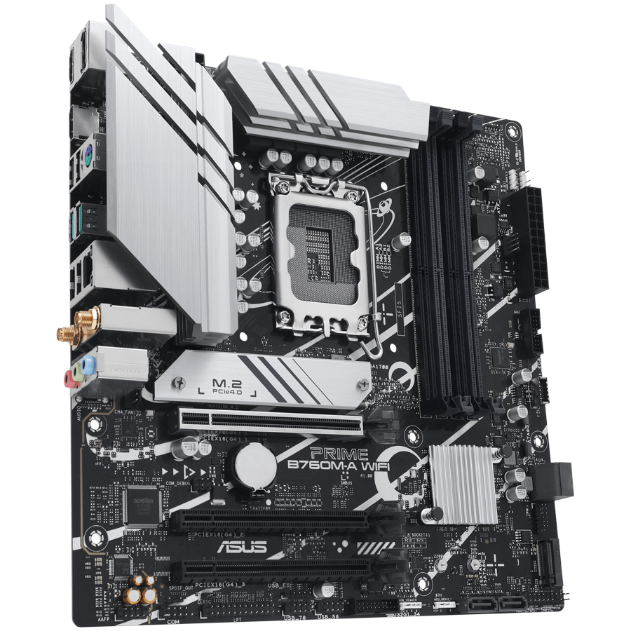 ASUS PRIME B760M-A WIFI LGA1700 mATX MB - Intel B760 4xDIMM DDR5 2xM.2 4xSATA PCIe 4.0 2.5Gb Ethernet WiFi 6 + Bluetooth 1xDisplayPort 2xHDMI with Aura Sync support