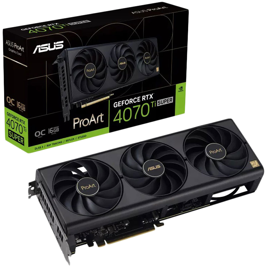 ASUS Video Card NVidia ProArt GeForce RTX 4070 Ti SUPER OC Edition 16GB GDDR6X VGA brings elegant and minimalist style to empower creator PC builds with full-scale GeForce RTX 40 SUPER Series performance, PCIe 4.0, 1xHDMI 2.1a, 3xDisplayPort 1.4a