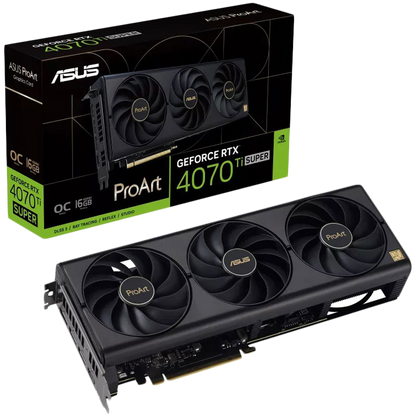 ASUS Video Card NVidia ProArt GeForce RTX 4070 Ti SUPER OC Edition 16GB GDDR6X VGA brings elegant and minimalist style to empower creator PC builds with full-scale GeForce RTX 40 SUPER Series performance, PCIe 4.0, 1xHDMI 2.1a, 3xDisplayPort 1.4a