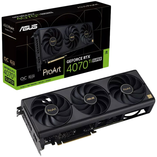 ASUS Video Card NVidia ProArt GeForce RTX 4070 Ti SUPER OC Edition 16GB GDDR6X VGA brings elegant and minimalist style to empower creator PC builds with full-scale GeForce RTX 40 SUPER Series performance, PCIe 4.0, 1xHDMI 2.1a, 3xDisplayPort 1.4a