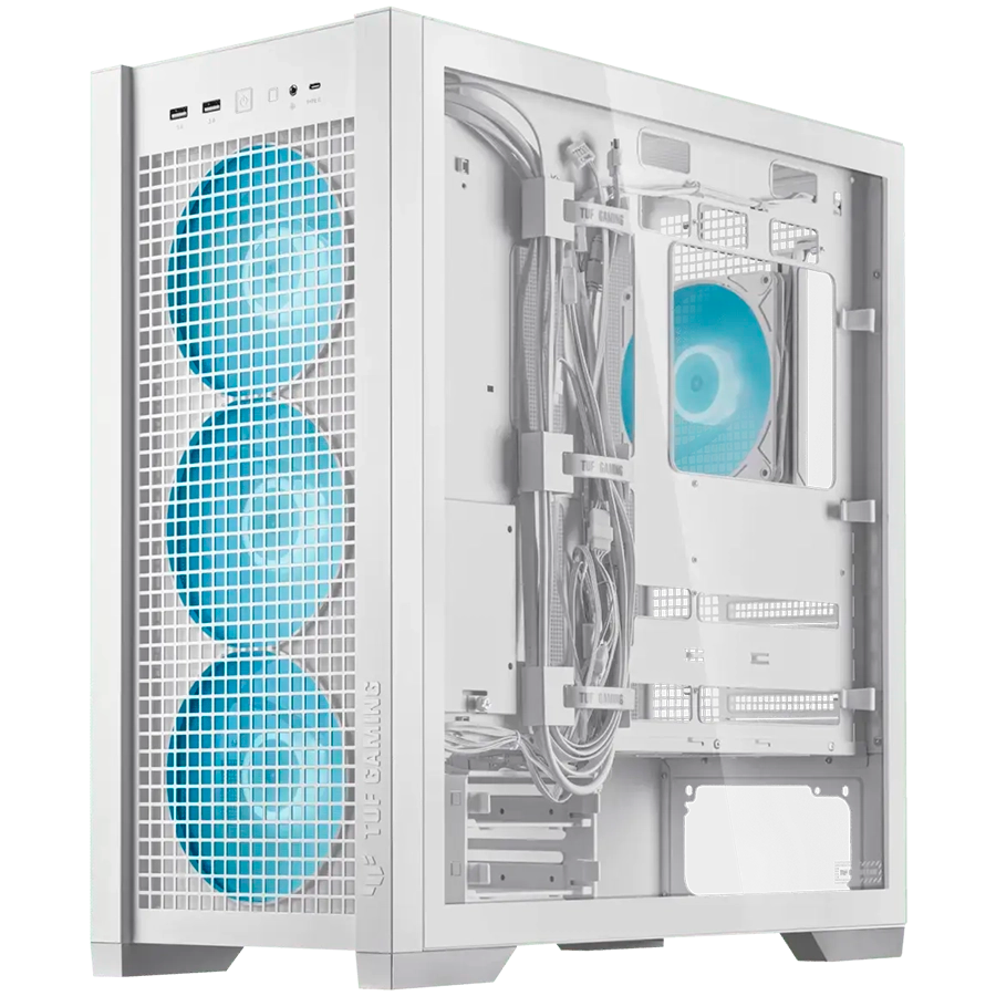 ASUS TUF Gaming GT302 ARGB ATX/EATX Gaming case White, Interchangeable side panels, Detachable top panel, Square-type mesh front panel, Four 140 x 28 mm ARGB fans, Hidden-connector motherboard support, Front Panel High-Speed USB Type-C