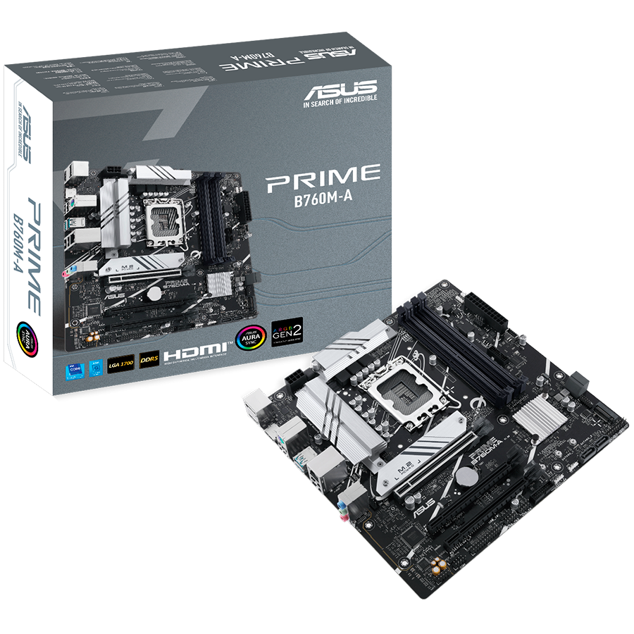 ASUS PRIME B760M-A-CSM LGA1700 mATX MB - Intel B760 4xDIMM DDR5 2xM.2 4xSATA PCIe 4.0 2.5Gb Ethernet 1xDisplayPort 2xHDMI with Aura Sync support