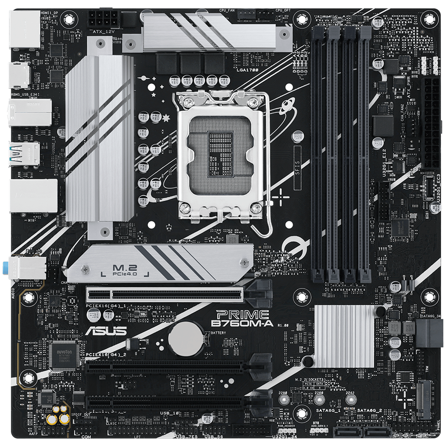ASUS PRIME B760M-A-CSM LGA1700 mATX MB - Intel B760 4xDIMM DDR5 2xM.2 4xSATA PCIe 4.0 2.5Gb Ethernet 1xDisplayPort 2xHDMI with Aura Sync support