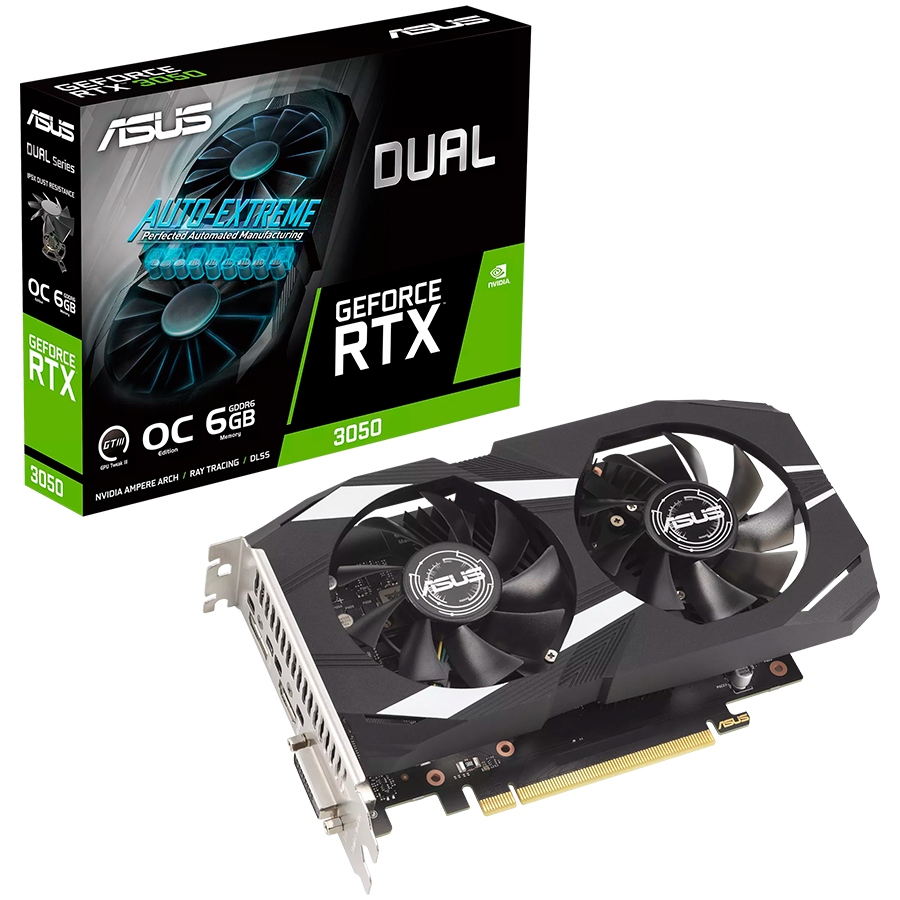ASUS Video Card NVidia Dual GeForce RTX 3050 OC Edition 6GB GDDR6 VGA with two powerful fans AAA gaming performance and ray tracing, PCIe 4.0, 1xDVI-D, 1xHDMI 2.1, 1xDisplayPort 1.4a