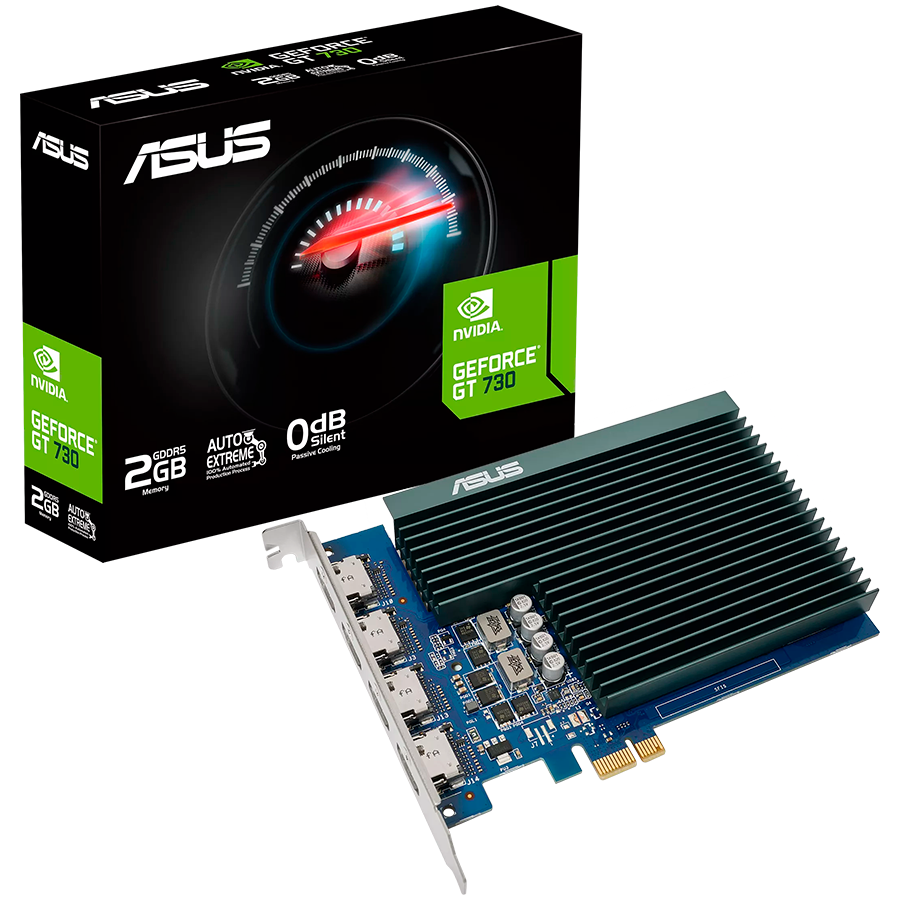 ASUS Video Card NVidia GeForce GT 730 2GB GDDR5 [GT730-4H-SL-2GD5] VGA with 4 HDMI ports and passive cooling to enable quiet multi-monitor productivity, PCIe 2.0, 4xHDMI 1.4b