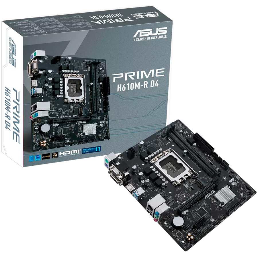 ASUS PRIME H610M-R D4-SI LGA1700 mATX MB - Intel H610 2xDIMM DDR4 1xM.2 4xSATA PCIe 4.0 1Gb Ethernet 1xD-SUB 1x DVI-D 1xHDMI with COM, LPT and TPM header