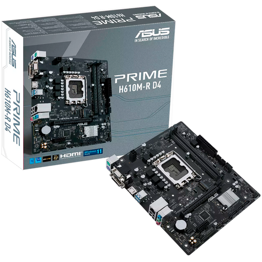 ASUS PRIME H610M-R D4-SI LGA1700 mATX MB - Intel H610 2xDIMM DDR4 1xM.2 4xSATA PCIe 4.0 1Gb Ethernet 1xD-SUB 1x DVI-D 1xHDMI with COM, LPT and TPM header