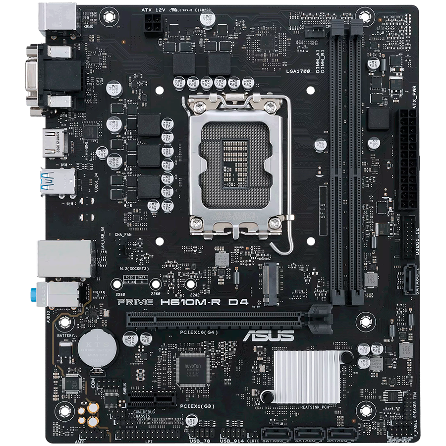 ASUS PRIME H610M-R D4-SI LGA1700 mATX MB - Intel H610 2xDIMM DDR4 1xM.2 4xSATA PCIe 4.0 1Gb Ethernet 1xD-SUB 1x DVI-D 1xHDMI with COM, LPT and TPM header