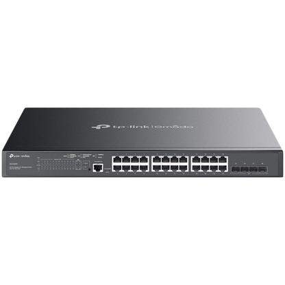 TP-Link SG3428MP Omada 28-Port Gigabit L2+ Managed Switch with 24× Gigabit 802.3af/at PoE+ ports and 4× Gigabit SFP slots, 384 W total PoE budget, Omada app, Static Routing, VLAN, ACL, QoS, IGMP Snooping, OAM, and DDM, ERPS, Zero-Touch Provisioning