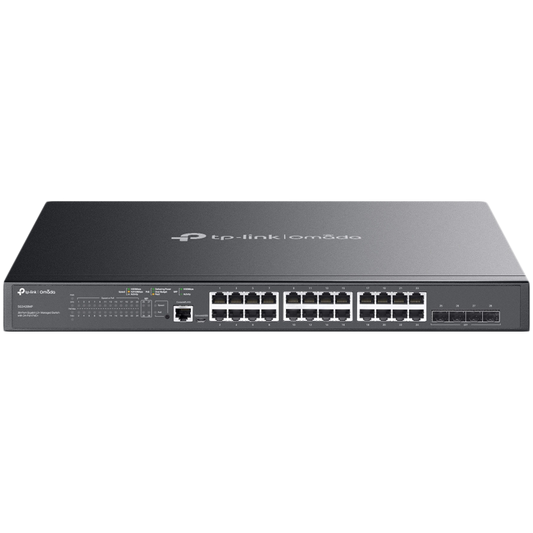 TP-Link SG3428MP Omada 28-Port Gigabit L2+ Managed Switch with 24× Gigabit 802.3af/at PoE+ ports and 4× Gigabit SFP slots, 384 W total PoE budget, Omada app, Static Routing, VLAN, ACL, QoS, IGMP Snooping, OAM, and DDM, ERPS, Zero-Touch Provisioning