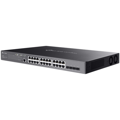 TP-Link SG3428MP Omada 28-Port Gigabit L2+ Managed Switch with 24× Gigabit 802.3af/at PoE+ ports and 4× Gigabit SFP slots, 384 W total PoE budget, Omada app, Static Routing, VLAN, ACL, QoS, IGMP Snooping, OAM, and DDM, ERPS, Zero-Touch Provisioning