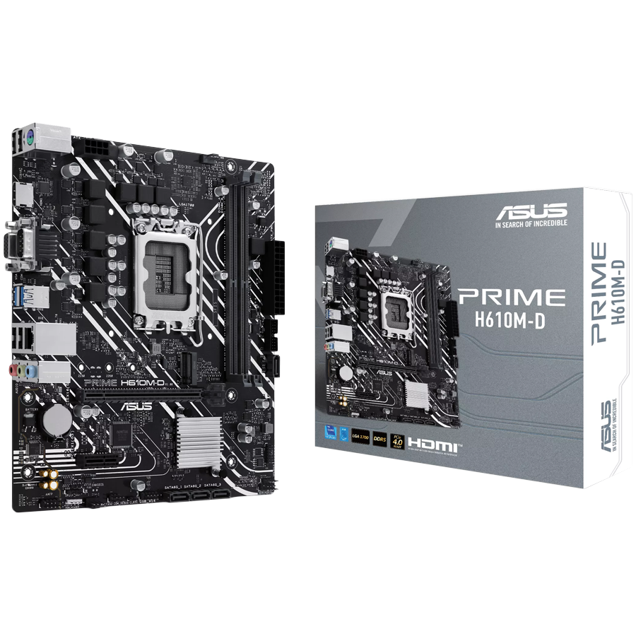 ASUS PRIME H610M-D LGA1700 mATX MB - Intel H610 2xDIMM DDR5 1xM.2 4xSATA PCIe 4.0 1Gb Ethernet 1xD-SUB 1xHDMI with LPT and RGB header