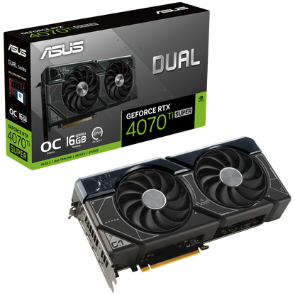 ASUS Video Card Nvidia Dual GeForce RTX 4070 Ti SUPER OC Edition 16GB GDDR6X VGA with two powerful Axial-tech fans and a 2.56-slot design for broad compatibility, PCIe 4.0, 1xHDMI 2.1a, 3xDisplayPort 1.4a