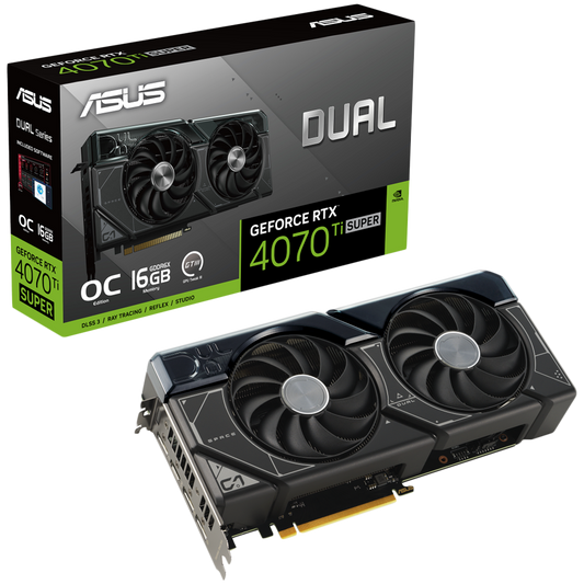 ASUS Video Card Nvidia Dual GeForce RTX 4070 Ti SUPER OC Edition 16GB GDDR6X VGA with two powerful Axial-tech fans and a 2.56-slot design for broad compatibility, PCIe 4.0, 1xHDMI 2.1a, 3xDisplayPort 1.4a
